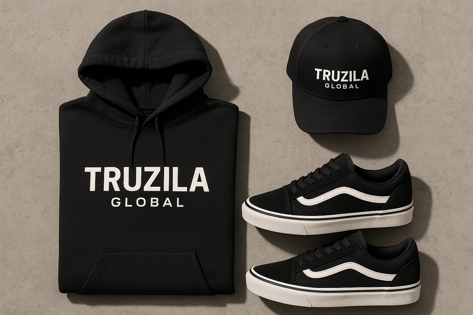 Flat lay of Truzila streetwear: black hoodie, matching sneakers, cap, folded neatly on concrete background, urban minimal style, soft shadows, emphasize Truzila Global logo, neutral and modern aesthetic, high-resolution product-focused shot.